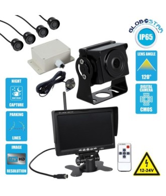 GloboStar® 86033 Έγχρωμη Κάμερα 720p CMOS HD Οπισθοπορείας Αυτοκινήτου-Φορτηγού DC 12-24V 170° με Οθόνη 7" DC 12-24V Night Capture με Parking Lines - Ασύρματο Χειριστήριο και ΚΙΤ Παρκαρίσματος με 4 Αισθητήρες Αδιάβροχο IP65